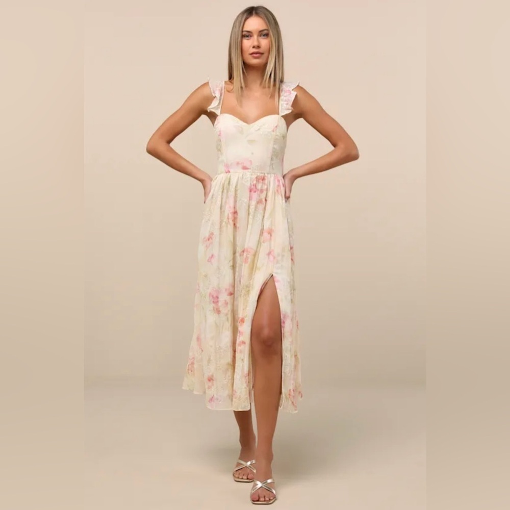 💓Lulus Make Me Blush Peach Floral Print Tiered Maxi Dress.💞SZ XL- NWT